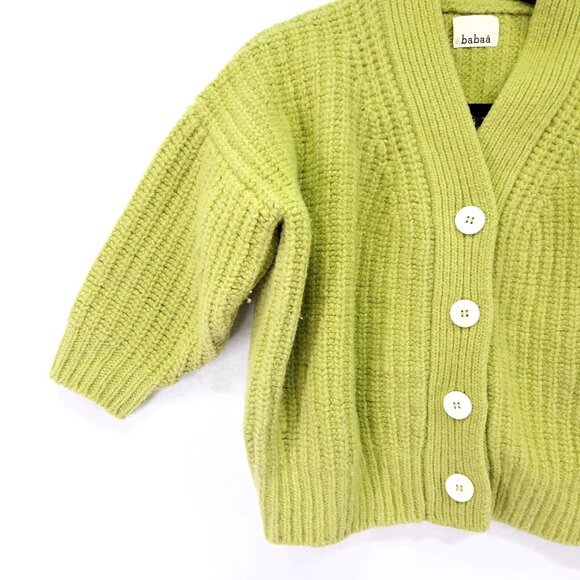 babaà No.22 Cardigan 100% Eco Wool Ribbed Knit Green Button Front Sweater - Picture 12 of 14